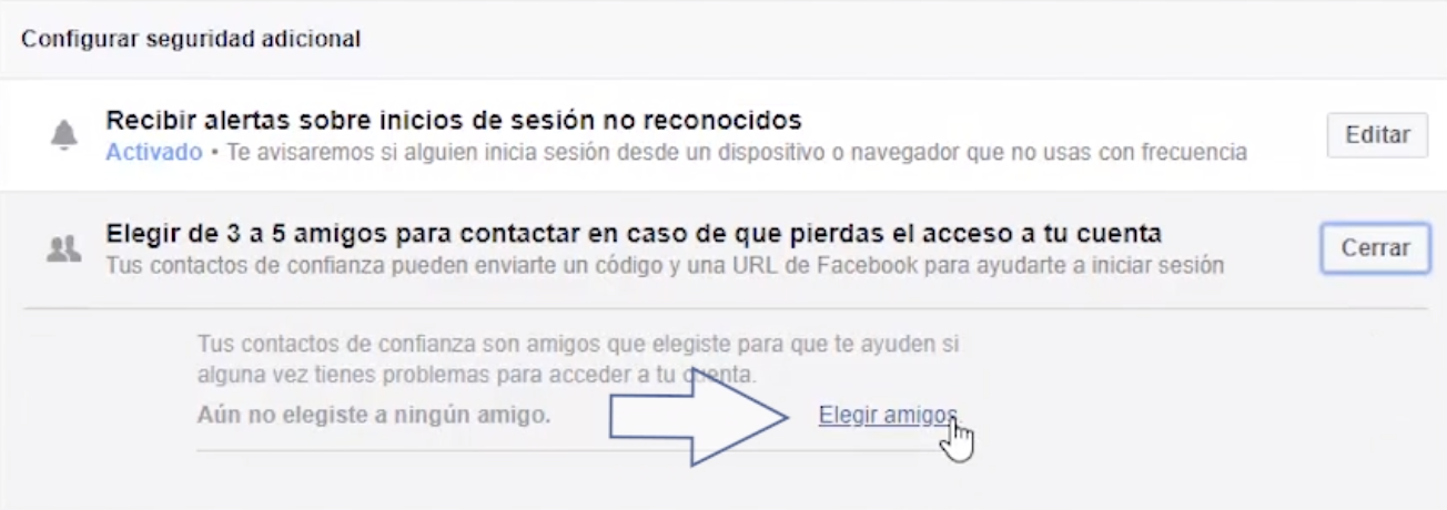 En Facebook puedes elegir amigos para que te ayuden a recuperar el acceso a tu cuenta.